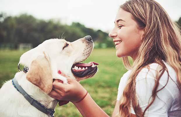 Un cane felice con una donna