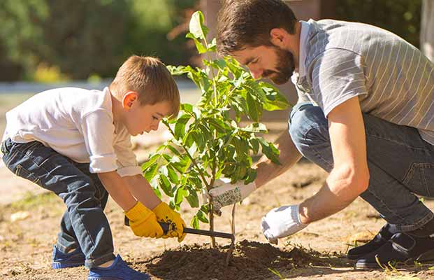 Figlio e padre lavorano insieme in giardino