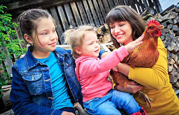 La famiglia esplora gli animali della fattoria