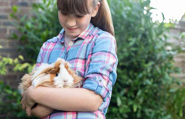 Ragazza che tiene in braccio un porcellino d'India