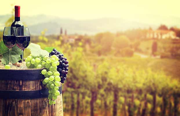 Bicchieri da vino con uva nella luce della sera