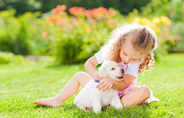 Ragazza con cuccioli in giardino