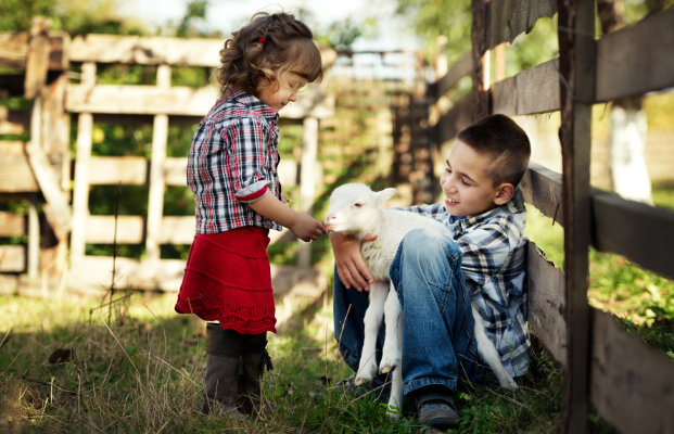 Due bambini che parlano con una capra