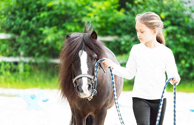 Ragazza che cammina con un cavallo in un maneggio